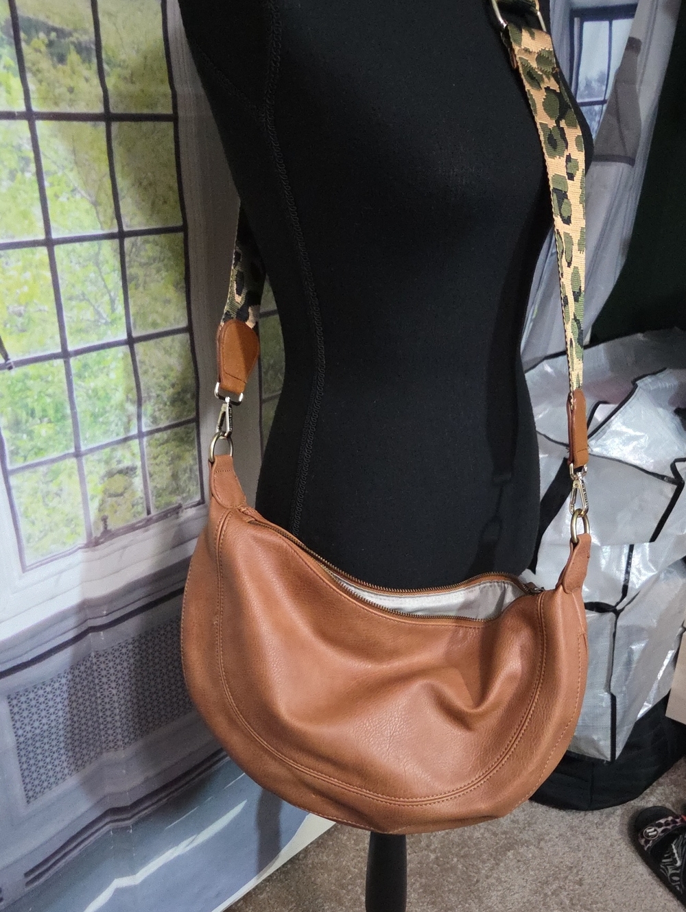 Women's Tan Faux Leather Crescent Shoulder Bag with Patterned Strap